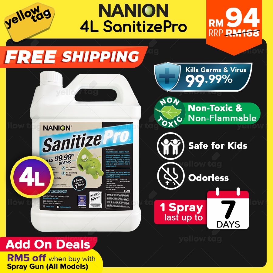 [1 Spray Last 7 Days] Nanion Sanitize Pro 4L Disinfectant Certificate ...