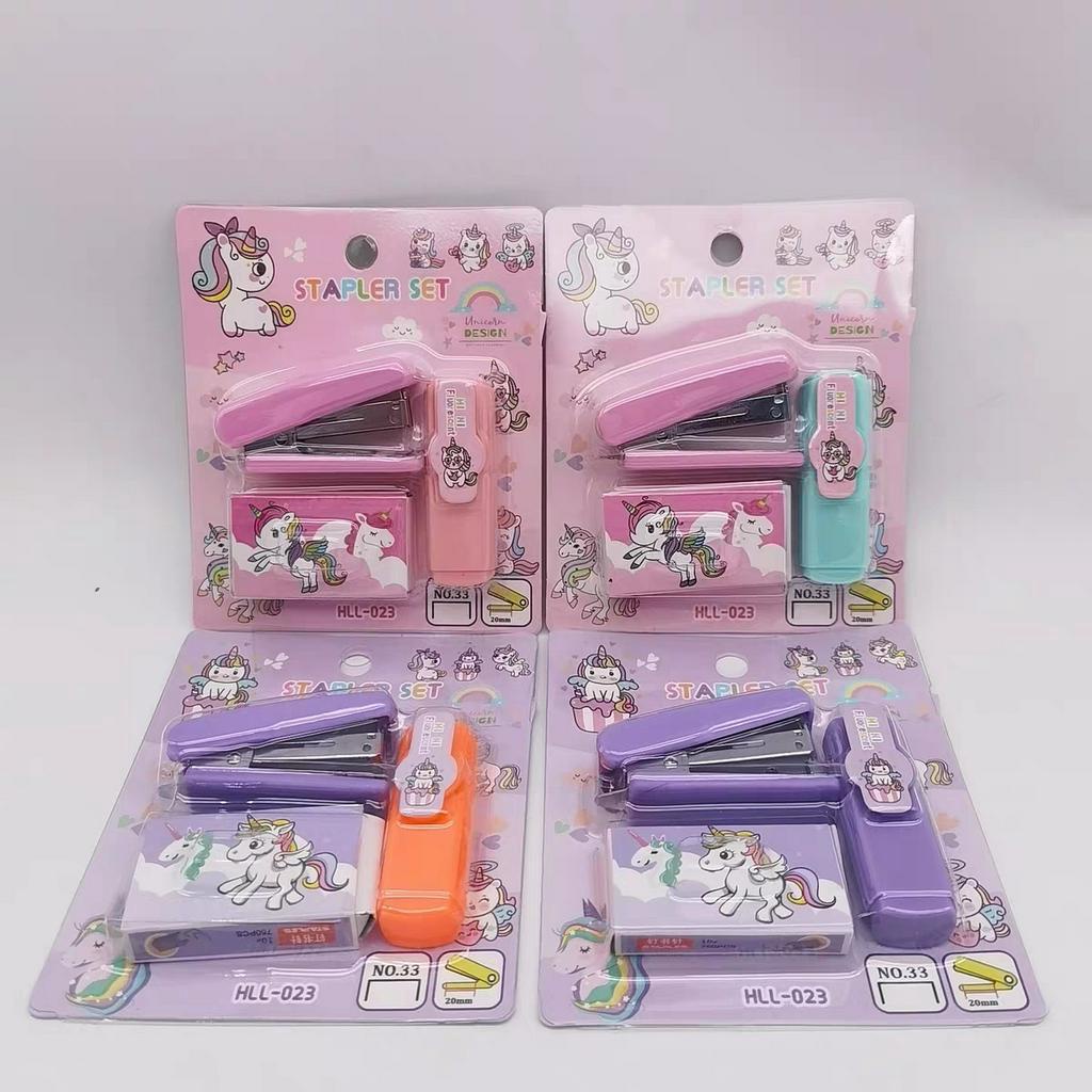 [3 in 1] Cute Cartoon Stapler + Staples + Highlighter Set Stationery