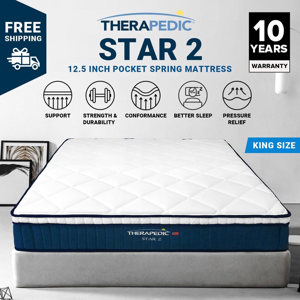 Therapedic USA "Star Two" 6 Layers Pocket Spring Mattress with Latex Top + Coconut Fibre - Single/Queen/King (12+-")