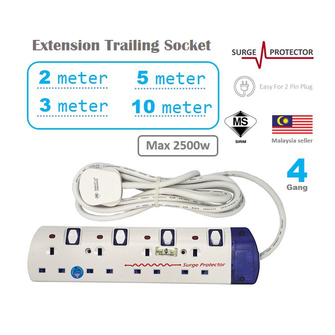 SH 4 Gang 2500 Watt Portable Extesion Trailing Power Socket with Ums ...