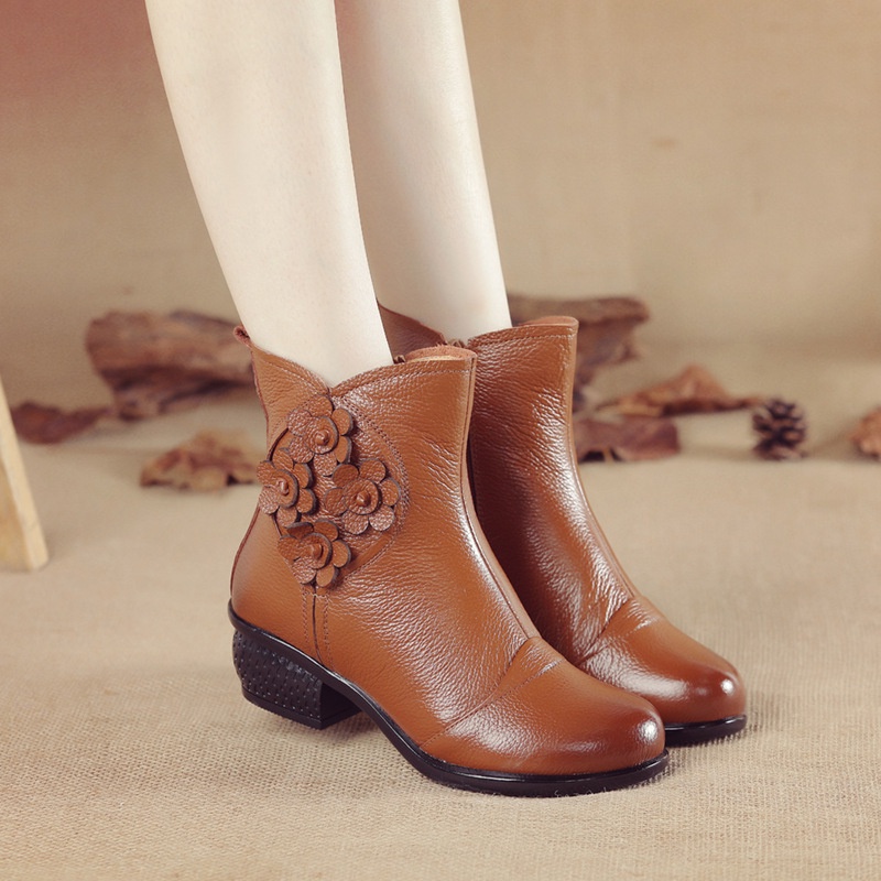 SOCOFY LOSTISY cowhide boot casual leather women s shoes ethnic style flower women scotton boots soft Shopee Malaysia