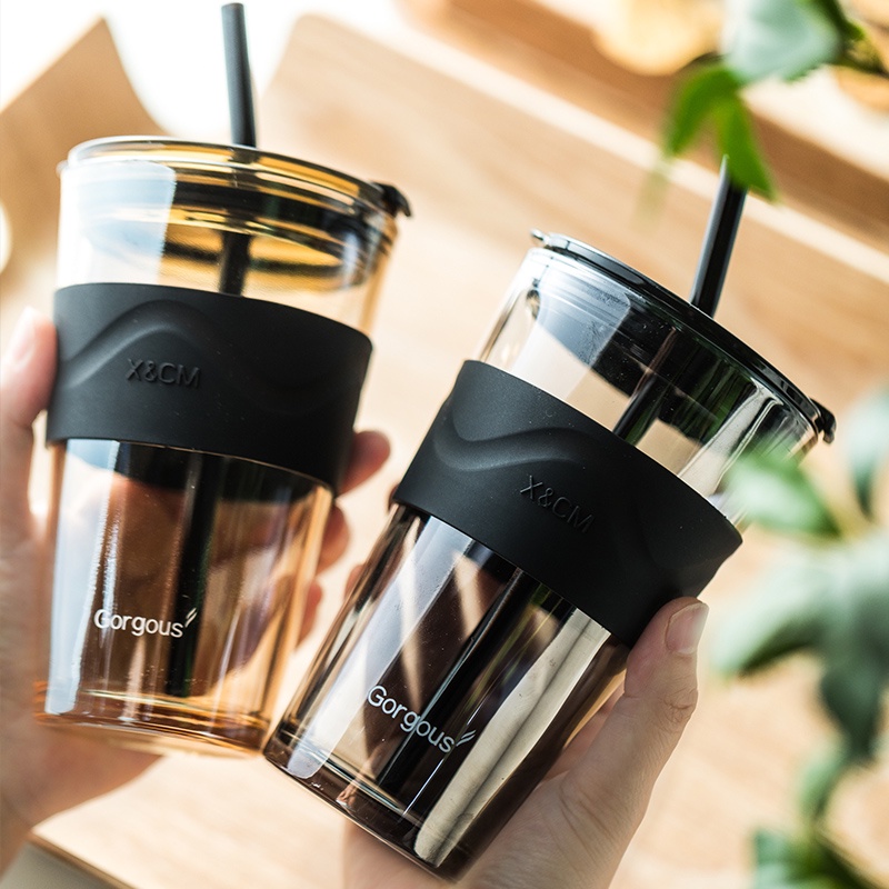 450ml Ins Simple Glass Cup With Lid Straw For Coffee Water Beer Juice  Bubble Milk Tea Transparent Glass Ice Cold Drinks Tumbler