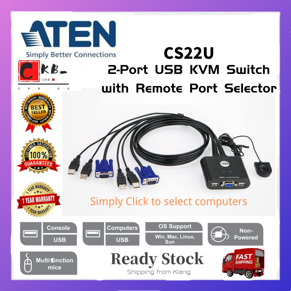 🔥Ready Stock🔥 100 ATEN CS22U 2Port USB VGA Cable KVM Switch with