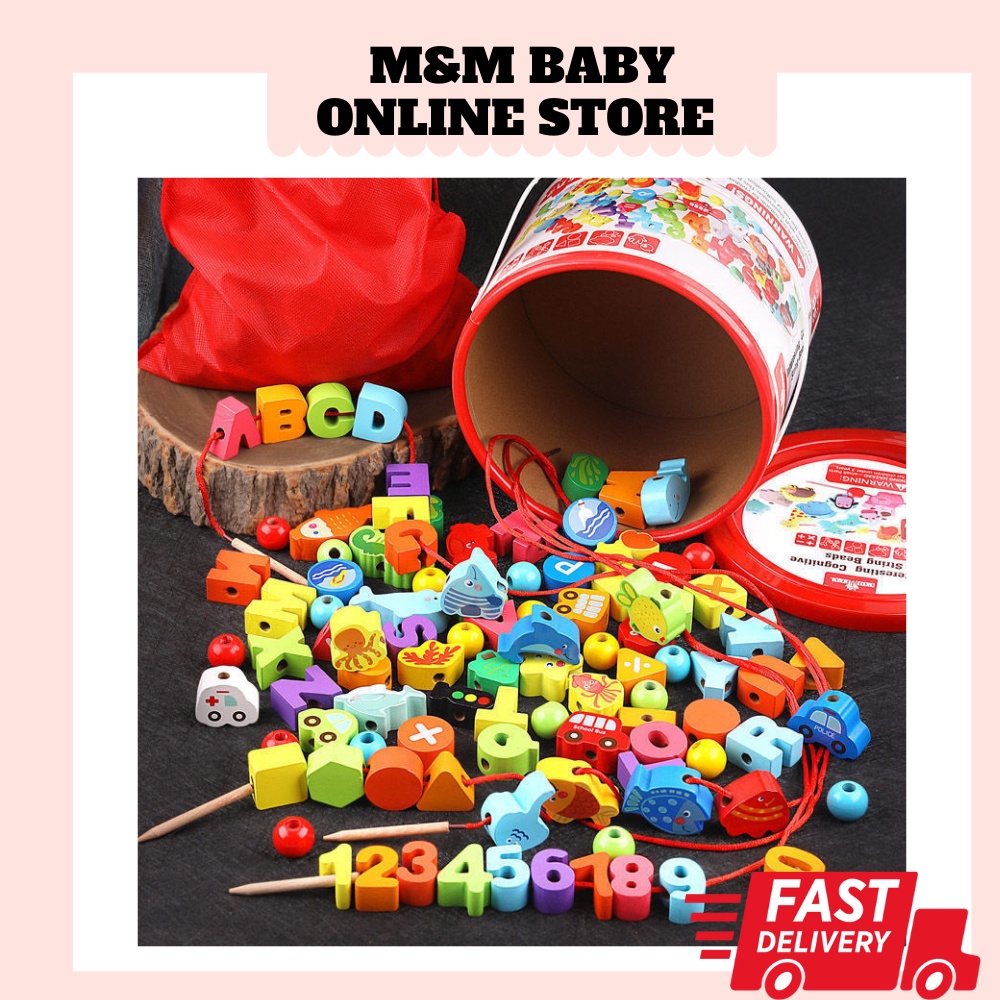 139pcs set String Wooden Lacing Threading Beads Kids Intelligence ...
