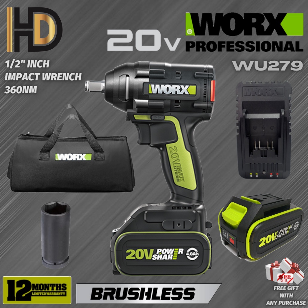 Worx 20v Wu279 Cordless 1 2 Impact Wrench 360nm Brushless Motor