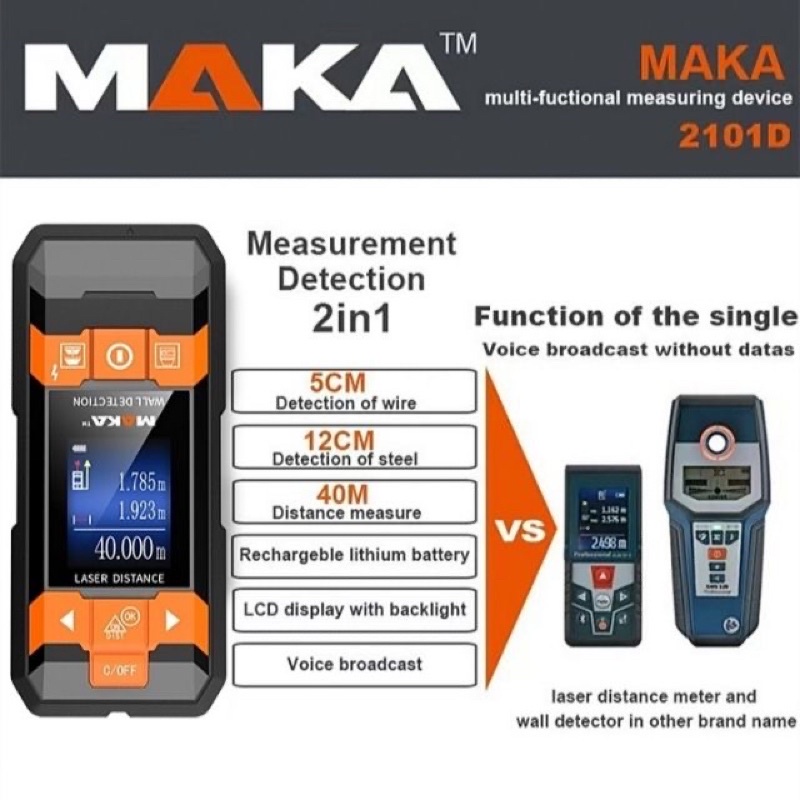 MAKA MK2101D / 40 MULTI-FUNCTION DETECTOR 2-IN-1 LASER DISTANCE METER ...