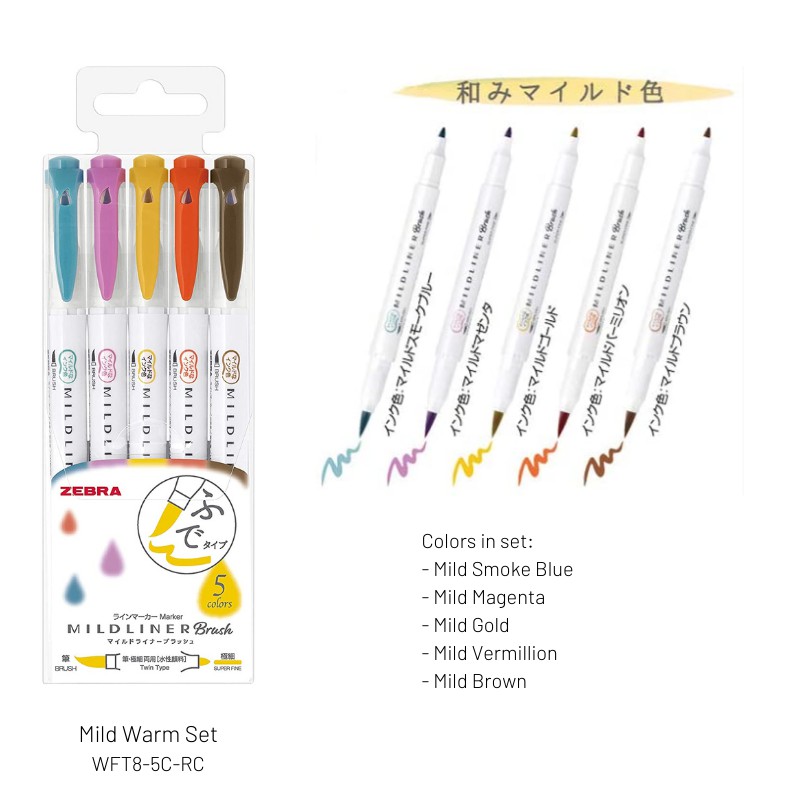 Japan Most Popular Zebra Mildliner Highlighter Brush Pen 5 Colors Set