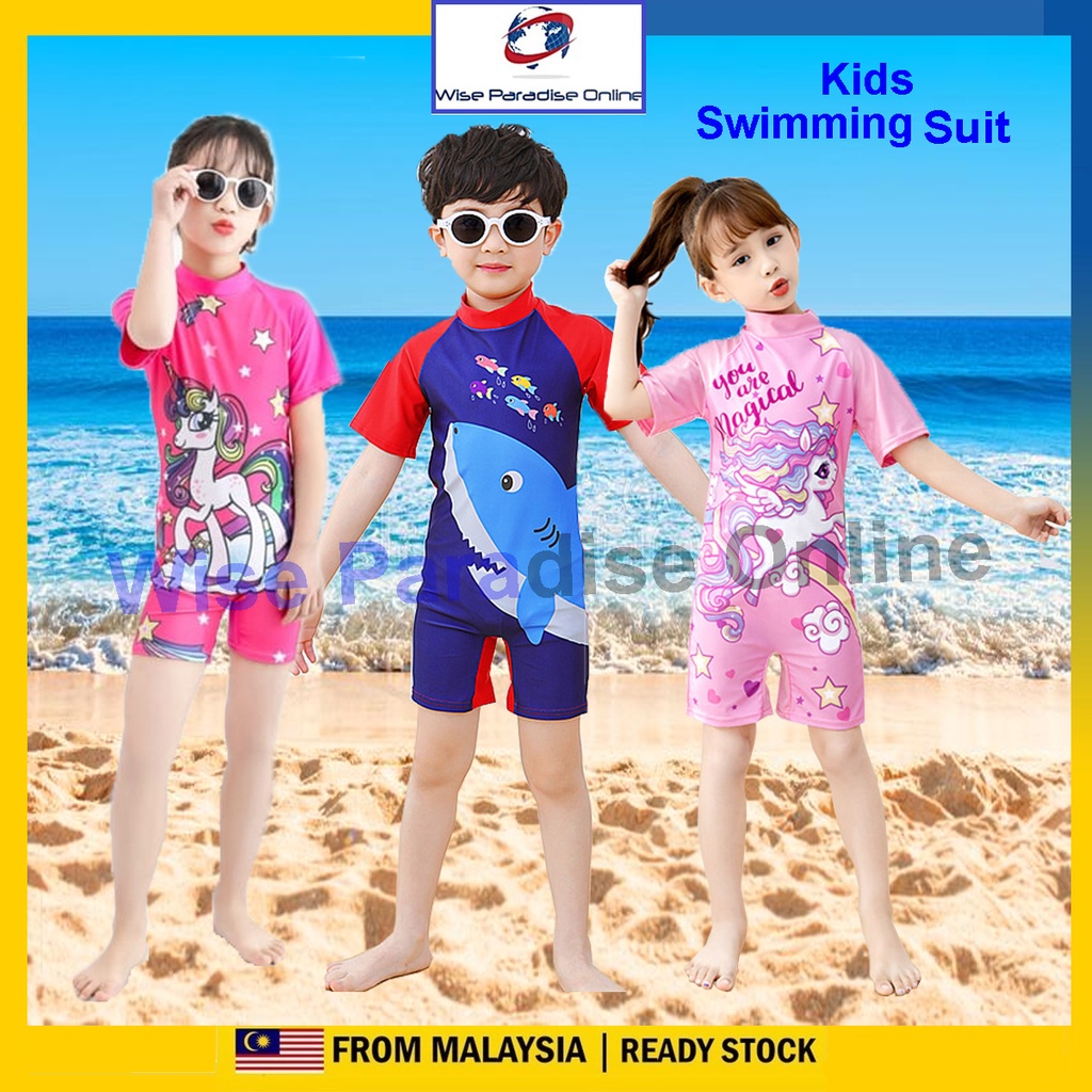 WPO Kids Swim Suit Short Sleeve Cartoon Cute Boy Girl Swimwear Elastic ...