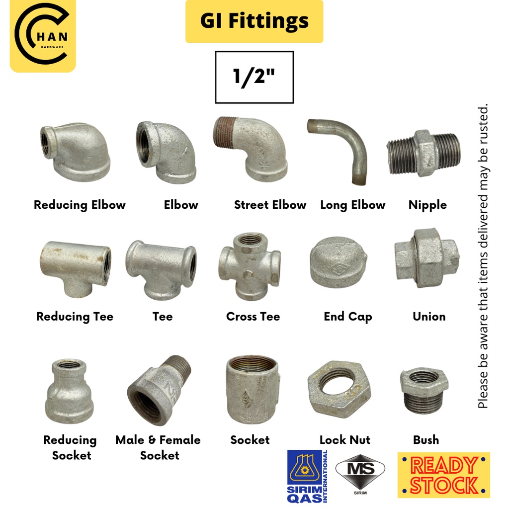 [1/2"] Galvanized Iron GI Fittings Besi 铁 Elbow Socket Tee End