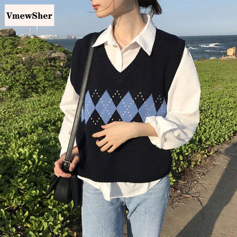 Women Sweater Vest Autumn Korean Style Vintage Geometric Argyle V Neck Sleeveless Pullovers Knitted Woman Sweaters Shopee Malaysia