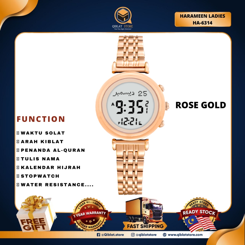 ORIGINAL KIBLAT WATCH HARAMEEN STAINLESS STEEL HA-6314 ROSE GOLD ...