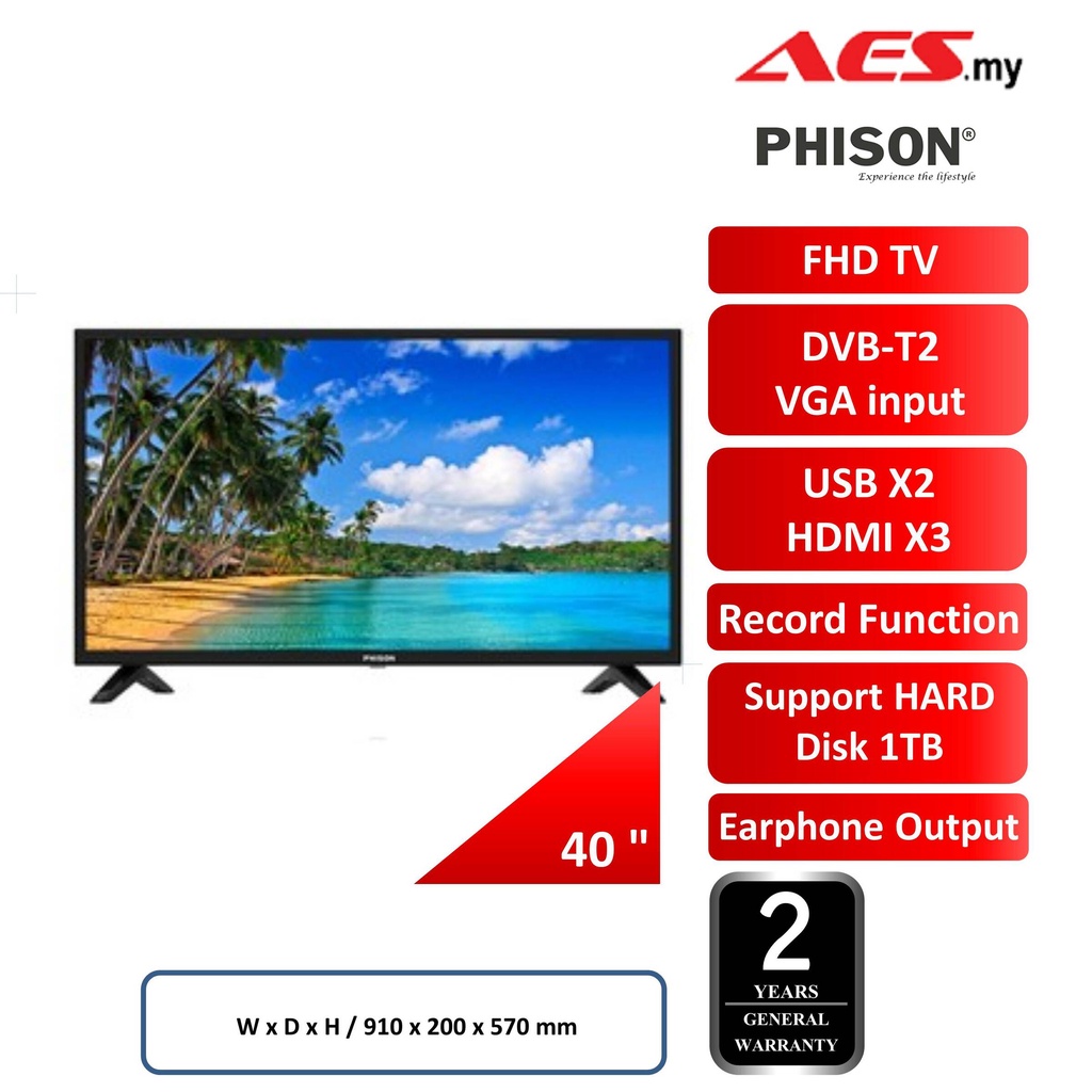 PHISON PTVE4000T2 40" FULL HD BUILTIN DIGITAL TUNER LED TV Shopee