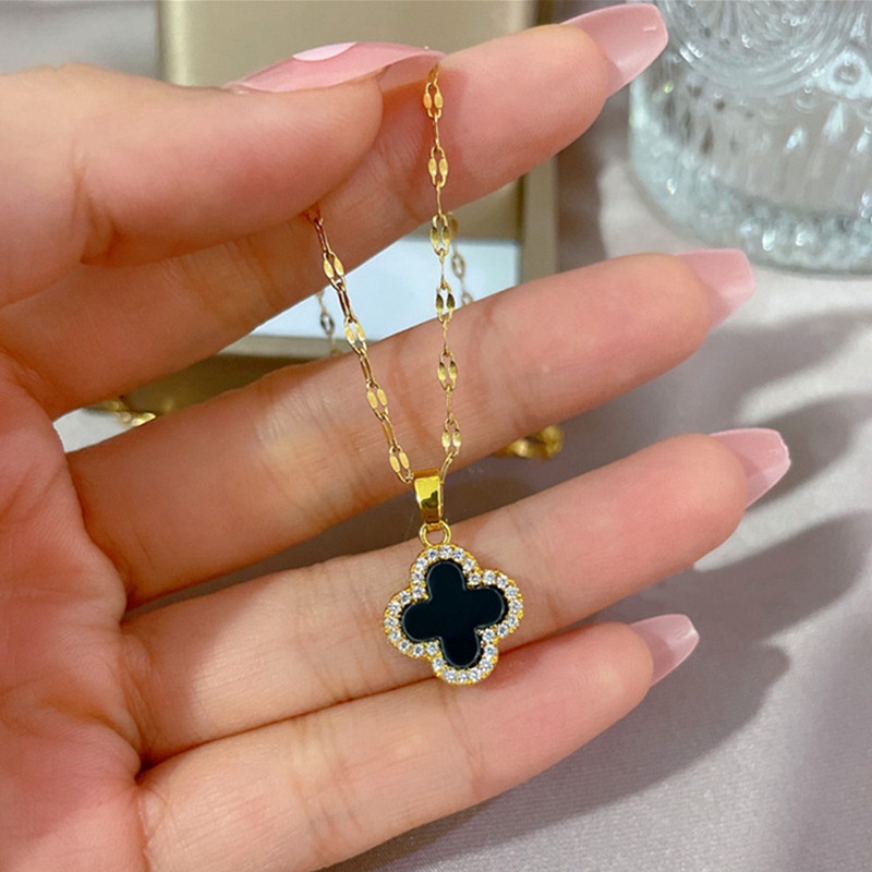 Black Clover Necklace for Women Diamond Rantai Leher Perempuan