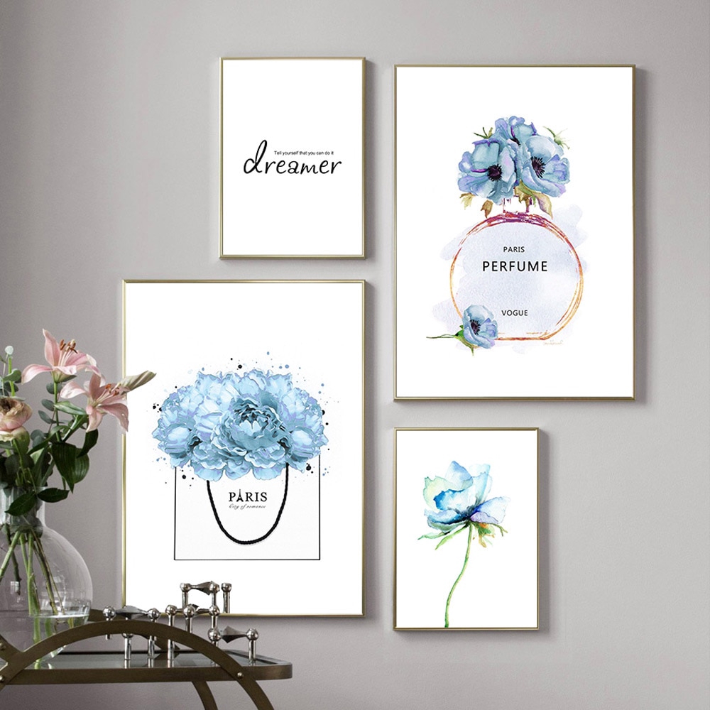 perfume-poster-canvas-painting-blue-wall-art-poster-parfum-flower-art