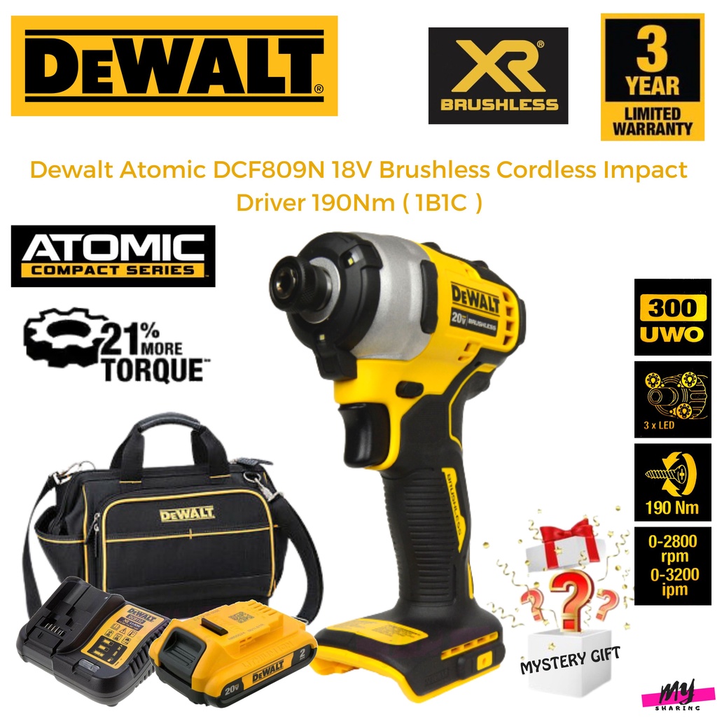 DEWALT Atomic DCF809N 18V Brushless Cordless Impact Driver 190Nm ( 1B1C ...