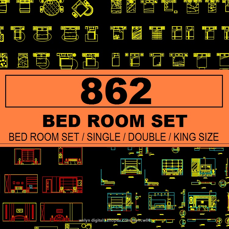 Autodesk AutoCad 2024 862+ Bed Room set CAD BLOCK MATERIALS for Architectural Design