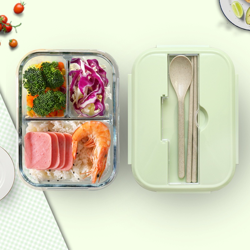 Square Lunch Box Grid 2 Layers Fresh Bowl Microwave Insulation Tableware  Student Boxes With Lid Spoon Chopstick bento Container