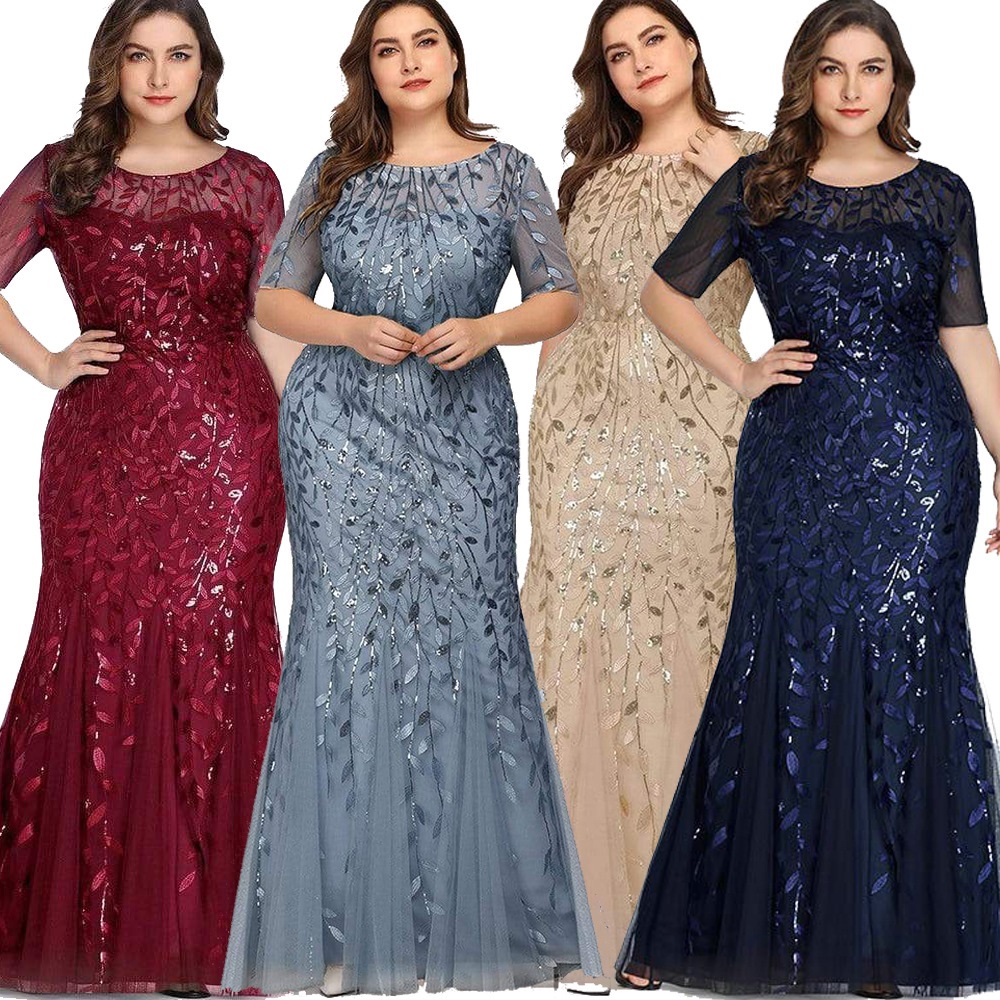 Plus Size Evening Dress For Women Elegant Short Sleeve Round Necksequin ...