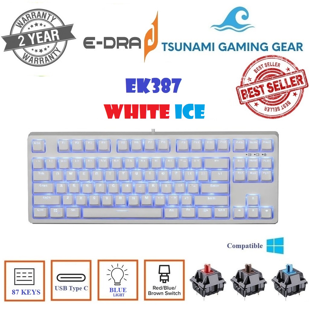 E-dra EK387 White Ice mechanical keyboard with White case/Blue led ...