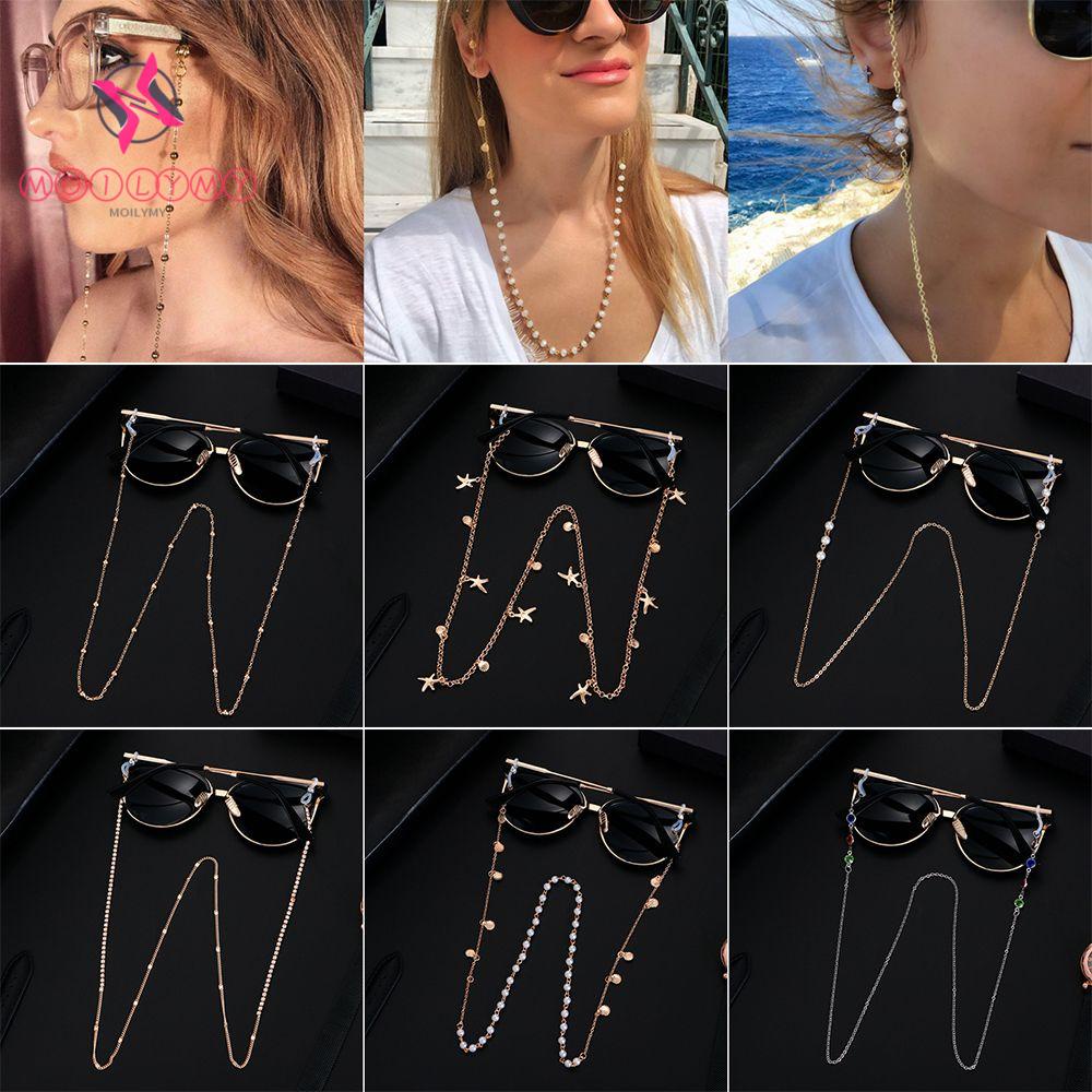 MOILY Women's Shell Sunglasses Lanyards Pearls Rhinestones Eyeglass