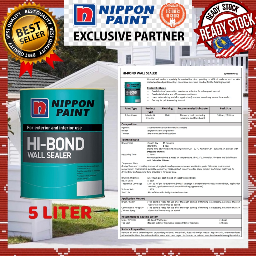 SINAR NIPPON PAINT 5 LITER HI-BOND WALL SEALER FOR INTERIOR & EXTERIOR ...