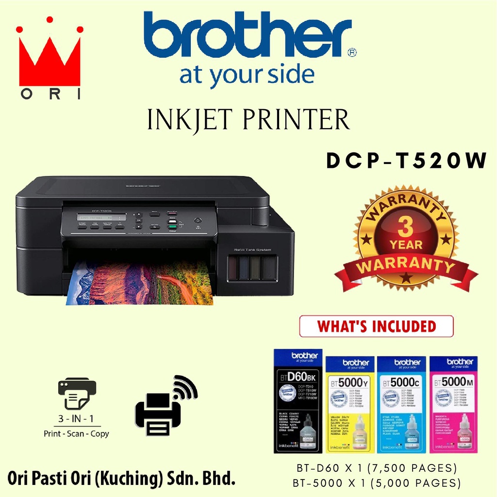 Brother DCP-T520W 3-In-1 Refill InkTank Printer | Shopee Malaysia