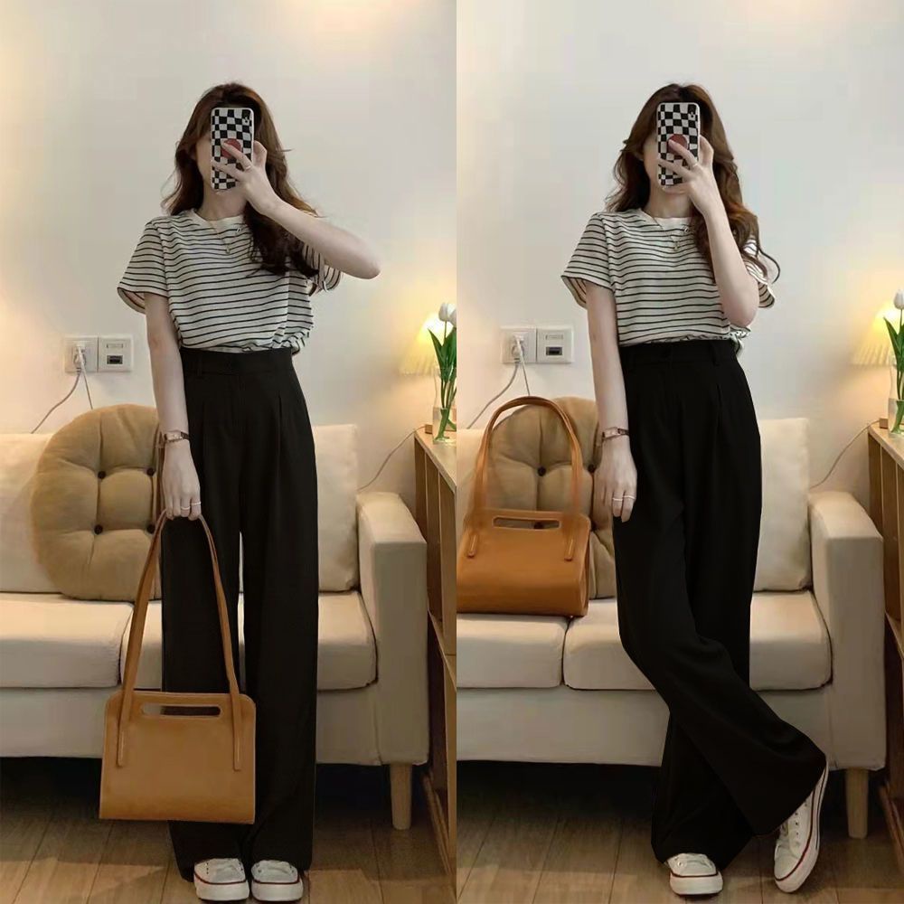 2PCS / Single Summer Women's Suits New Korean Version Loose Casual Thin  Striped Children's Short-sleeved T-shirt Casual Wide-leg Pants