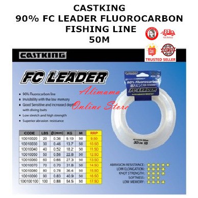 CASTKING 90% FC LEADER FLUOROCARBON FISHING LINE 50M 20LB - 100LB