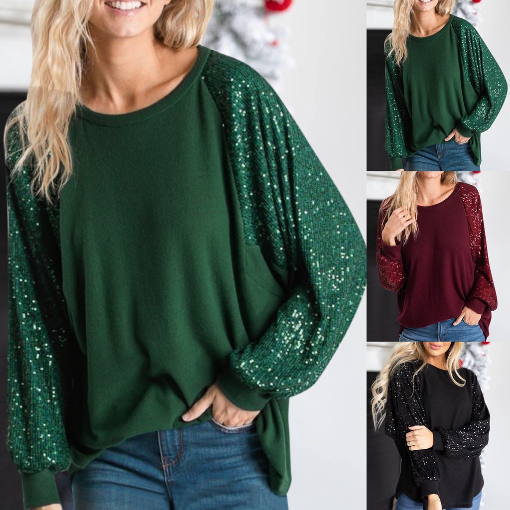 💗cocoday💗 Women's Sequin Stitched Long Sleeve Round Neck Loose Raglan ...