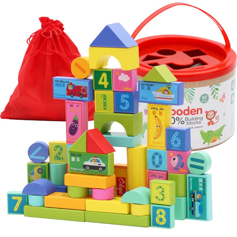 50pcs Wooden Building Blocks Learning Educational Kids Toy | Shopee ...