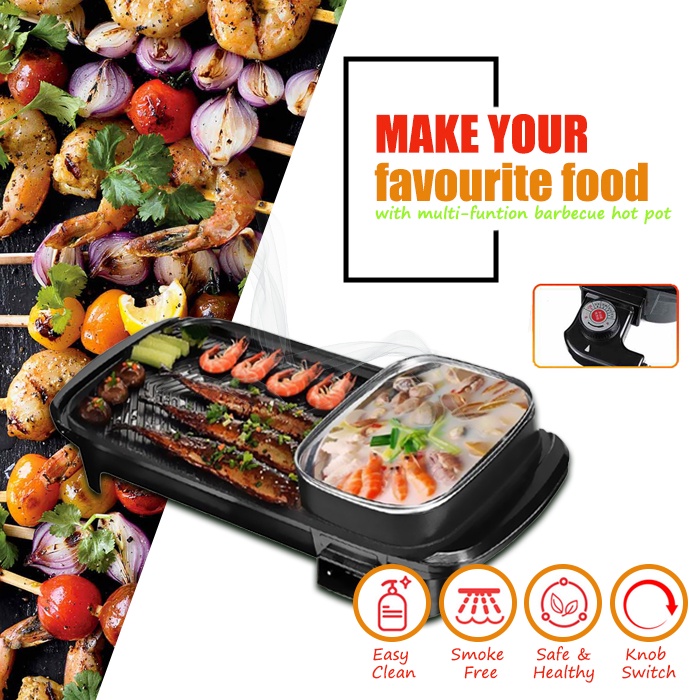 2 in 1 Multifunctional Electric Hot Pot and Grill Combo 1800W Smokeless BBQ  Pot