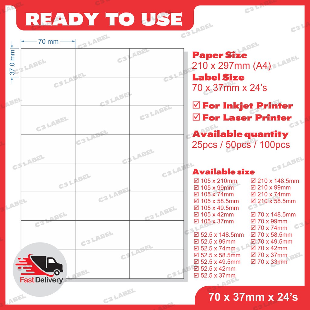 A4 Pre Cut Sticker / A4 Blank Sticker / A4 Pre-cut Label - 70 x 37 x 24 ...