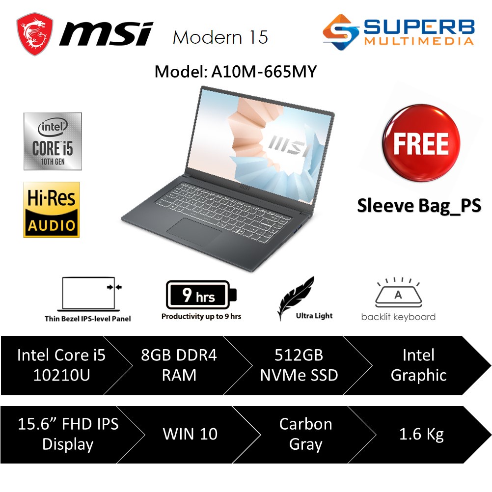 MSI Modern 15 A10M-665MY or 14 B10MW-664MY Carbon Gray Laptop