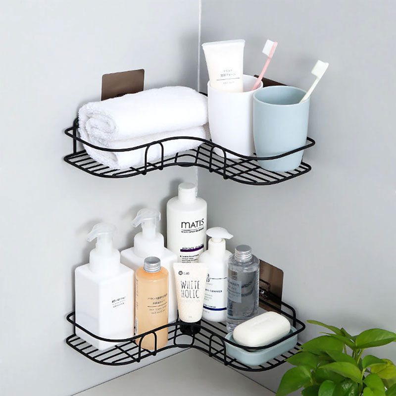 Bathroom kitchen Punch Corner Frame Shower Shelf Wrought Iron Shampoo Storage  Rack Holder with Suction Cup bathroom accessories