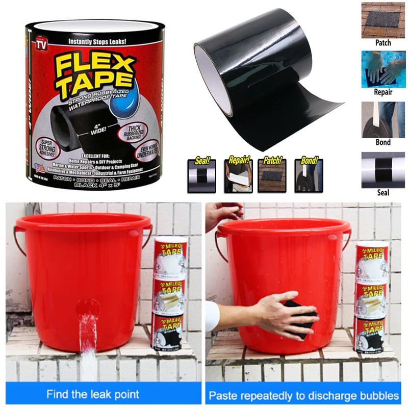 Flex Tape 4" X 5' Stop Leak Waterproof Black & White Super Strong Glue ...