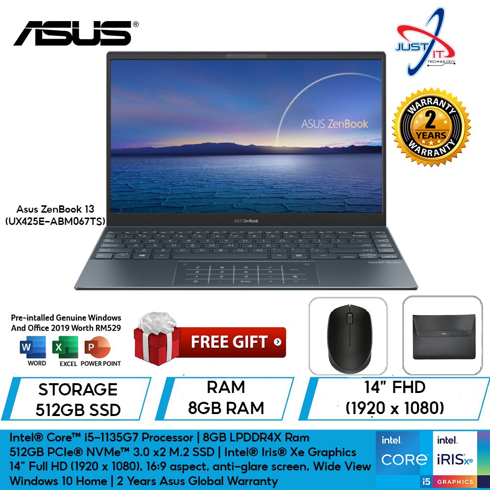 Asus Zenbook Ux425e Abm067ts Fhd Laptop I5 1135g7 8gd4 512ssd Win10h Grey 14 Shopee Malaysia