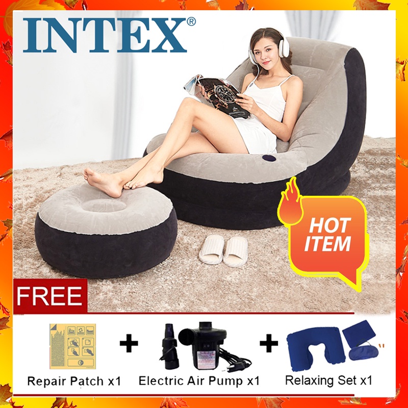 Gaming Sofa Portable Fast Inflatable Inflatable Deluxe Lounge Lounger Chair & Foot Stool Foldable Flocking PVC Comfortable Inflatable Sofa Chai For Home Camping Relaxing Chair