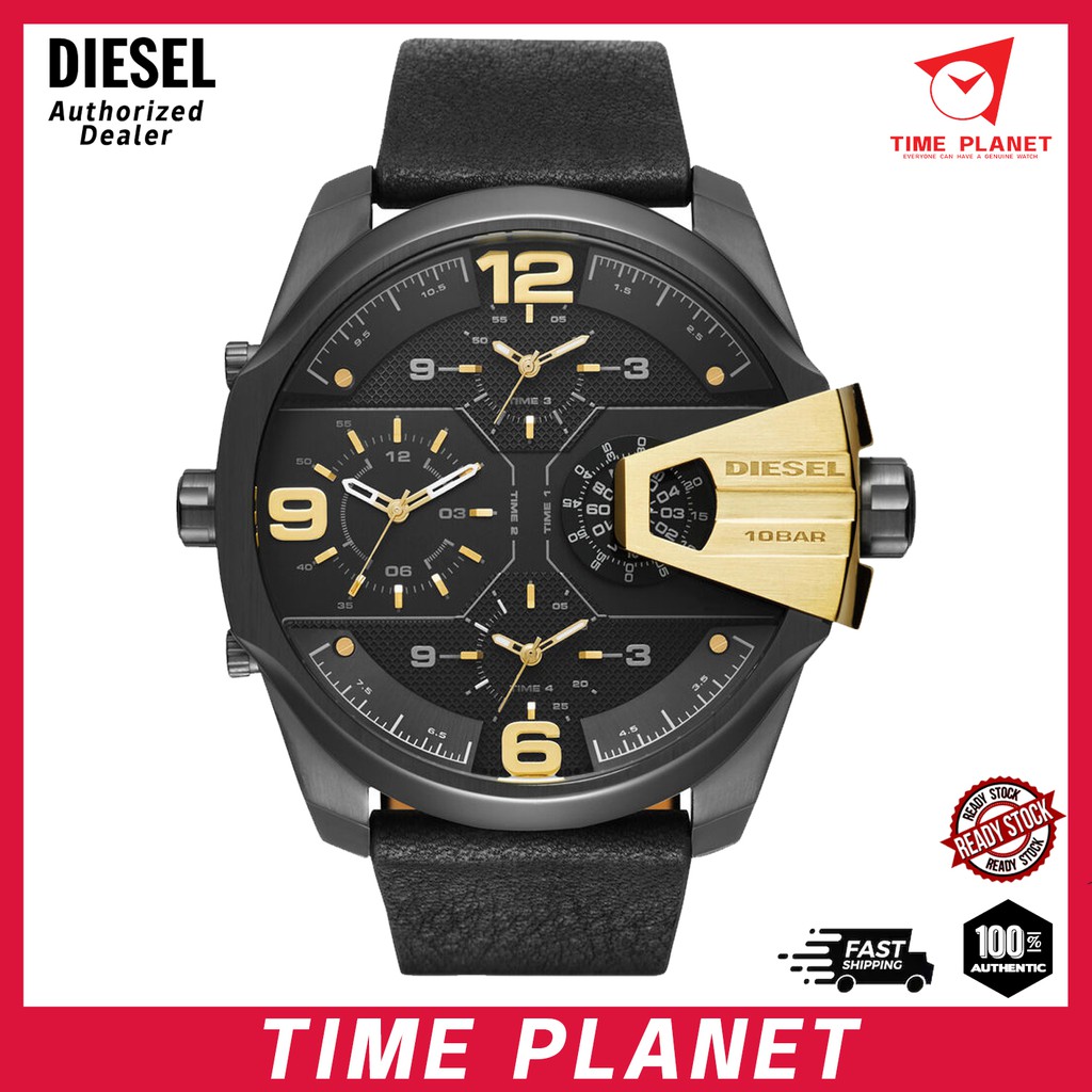 Diesel Men s Uber Chief Two Hand Black Leather Watch DZ7377