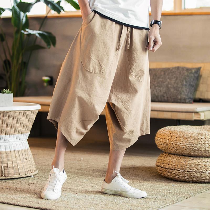 Men Thai Elephant Wide Leg Pants Large Size Loose Linen Shorts Cropped ...