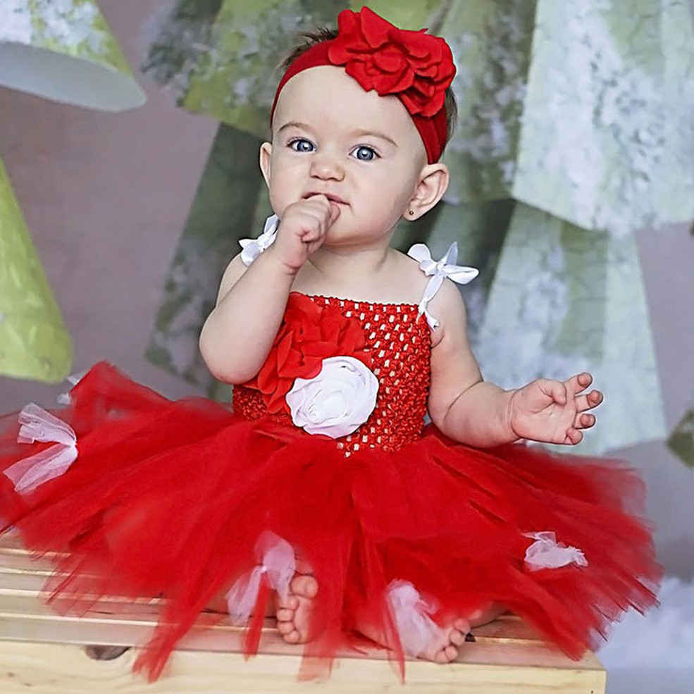 Lovely Baby Red Tutu Dress Infant Toddler Girls Crochet Tulle Dress with Flower Headband Children Birthday Party Costume Dresses Shopee Malaysia