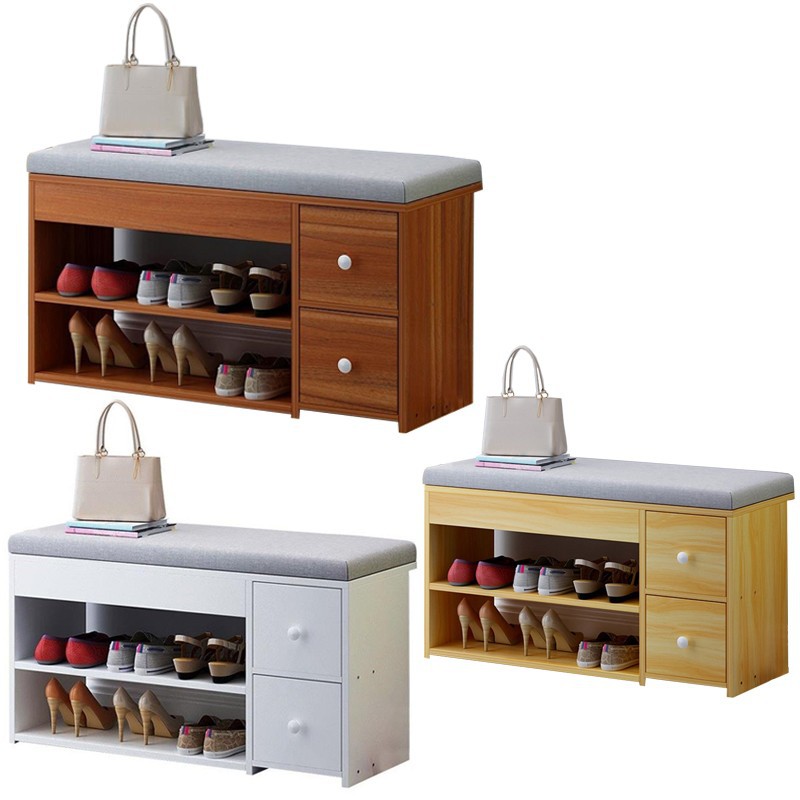 2 Tiers Hall Wooden Shoe Storage Bench With Soft Padded Cushion