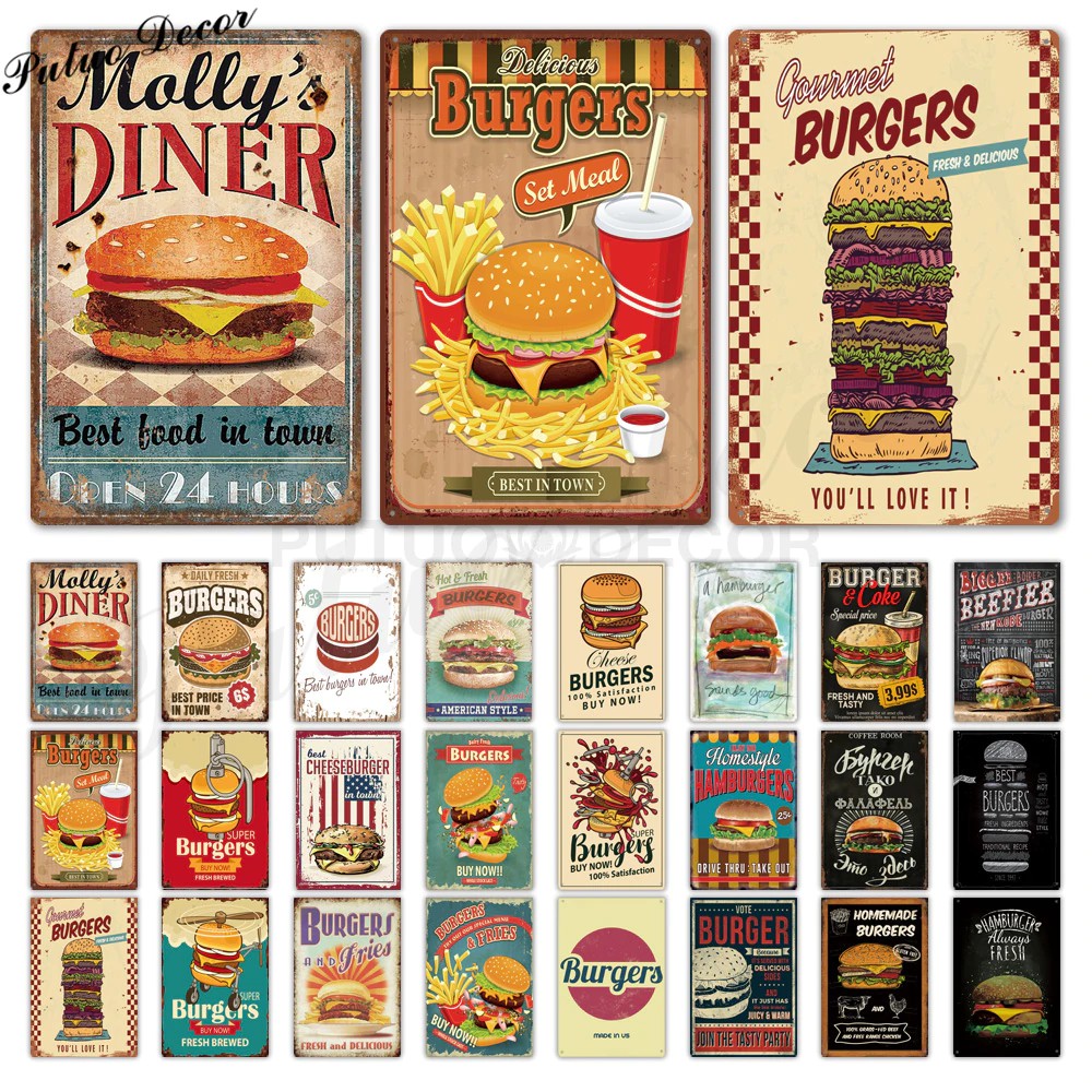 Hamburger Metal Sign Plaque Metal Vintage Fast Food Tin Sign Wall Decor ...