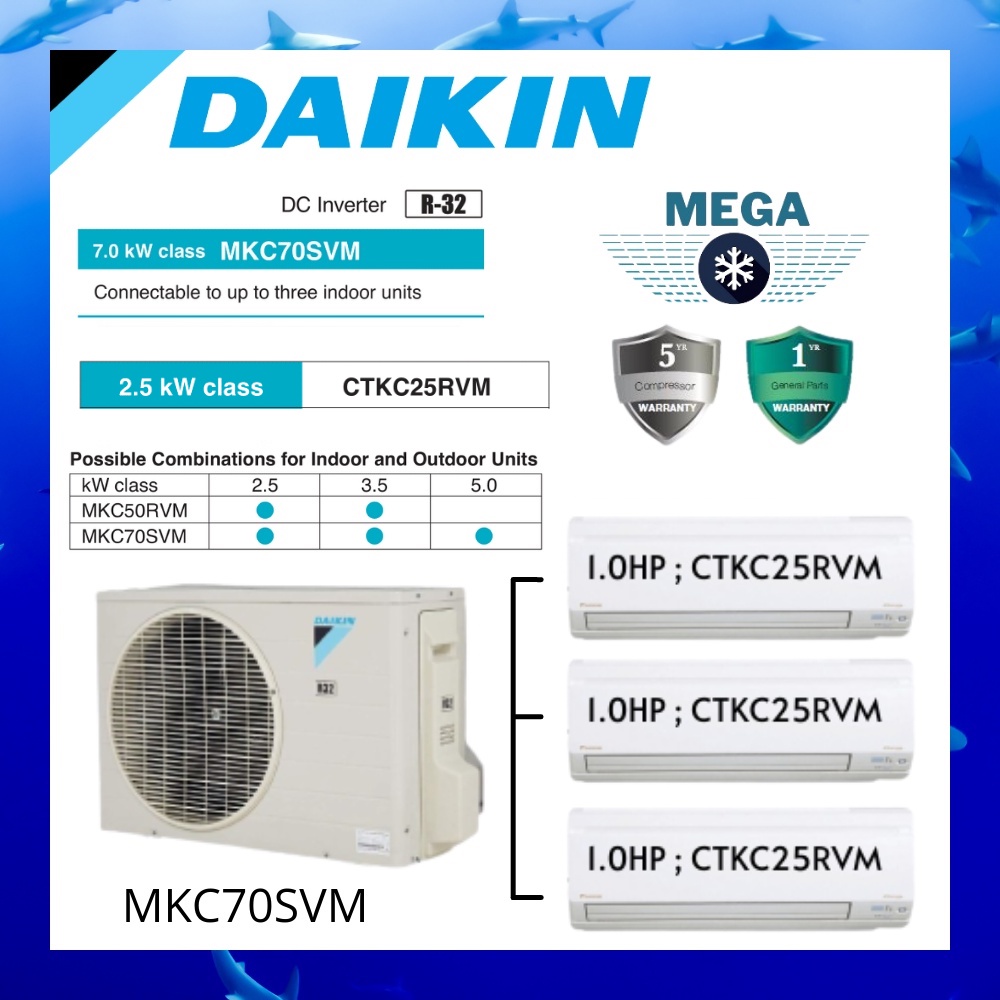 DAIKIN MULTI-SPLIT AIR COND INVERTER [OUTDOOR MKC70SVM 3.0HP] + [INDOOR ...