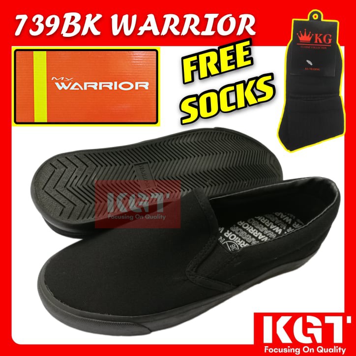 Free Socks Kasut Sarung Hitam Sekolah Warrior 739 Slip On Black School