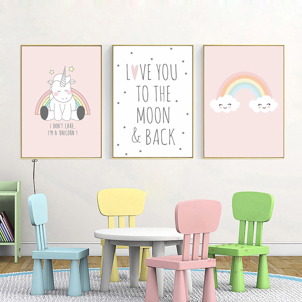 Pink Rainbow Canvas Painting Kids Poster Nordic Wall Art Picture Unicorn Poster Nursery Posters