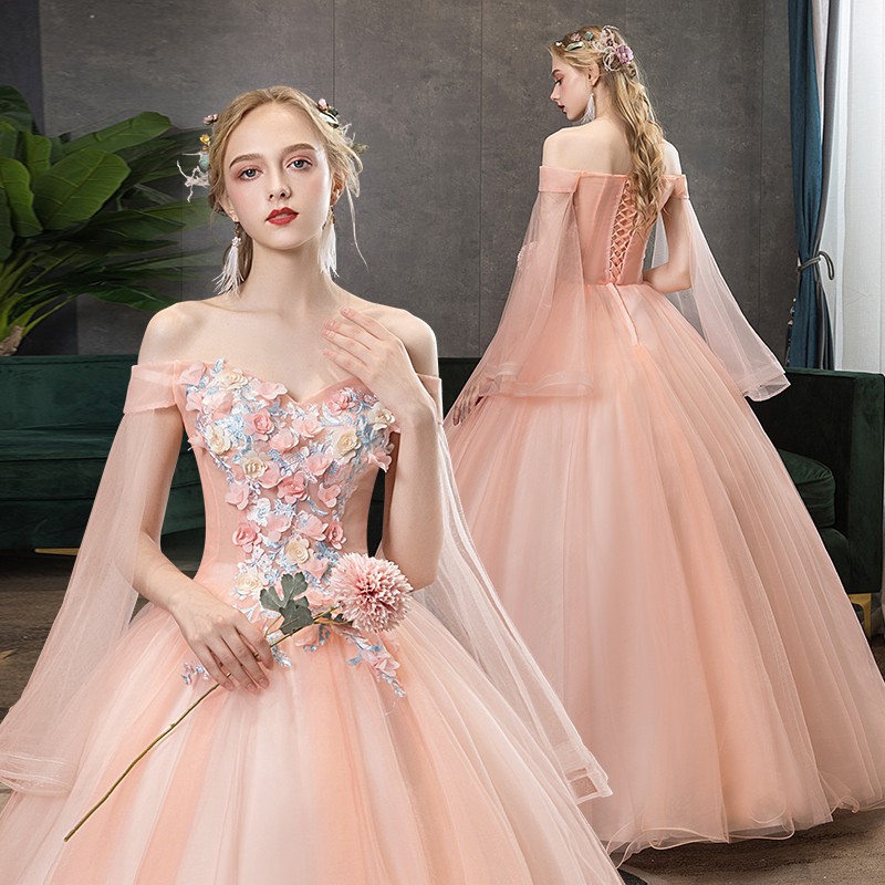 Off shoulder peach gown clearance