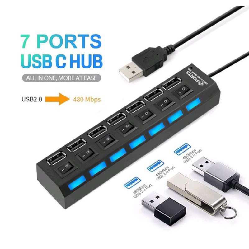 7 PORTS HIGH SPEED USB HUB USB PORTS ON/OFF PORTABLE SWITCH, BLACK ...