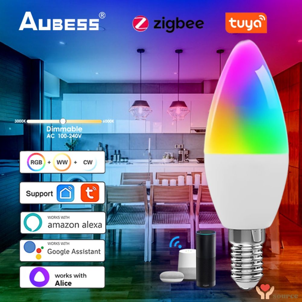 TUYA Zigbee Smart Candelabra European Lightbulb E14 RGB+CCT 100240V 5W