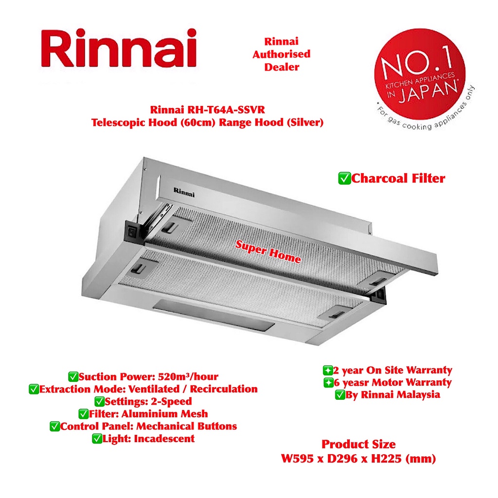 Rinnai Telescopic Hood RHT64ASSVR 60cm Cooker Hood Recirculation