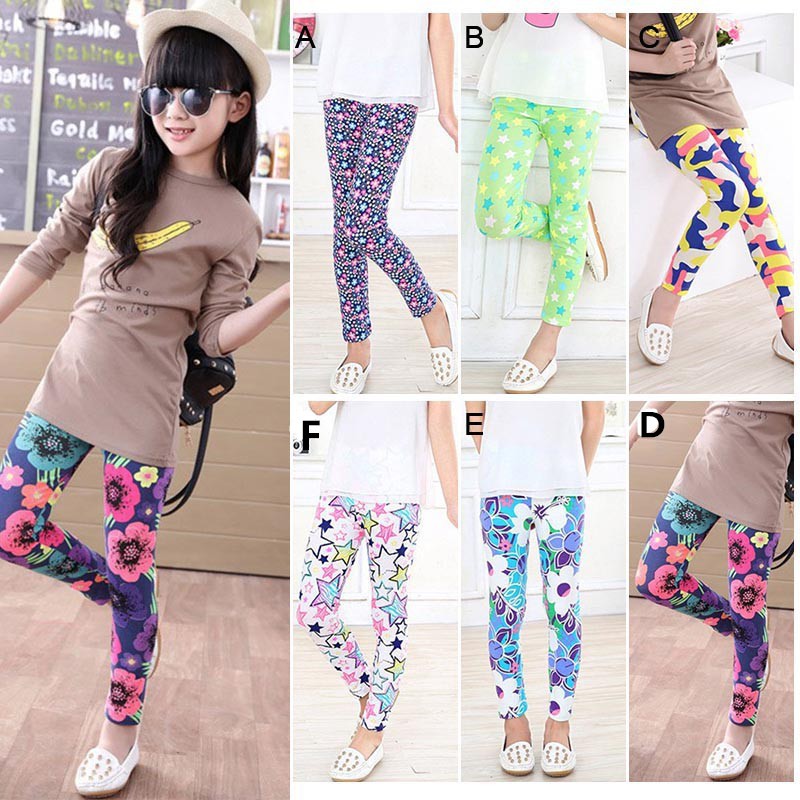 ❤ Ready Stock ❤ 2-14Years Cute Baby Girls Leggings Cotton Flower Floral  Printed Elastic Long Kids Trousers